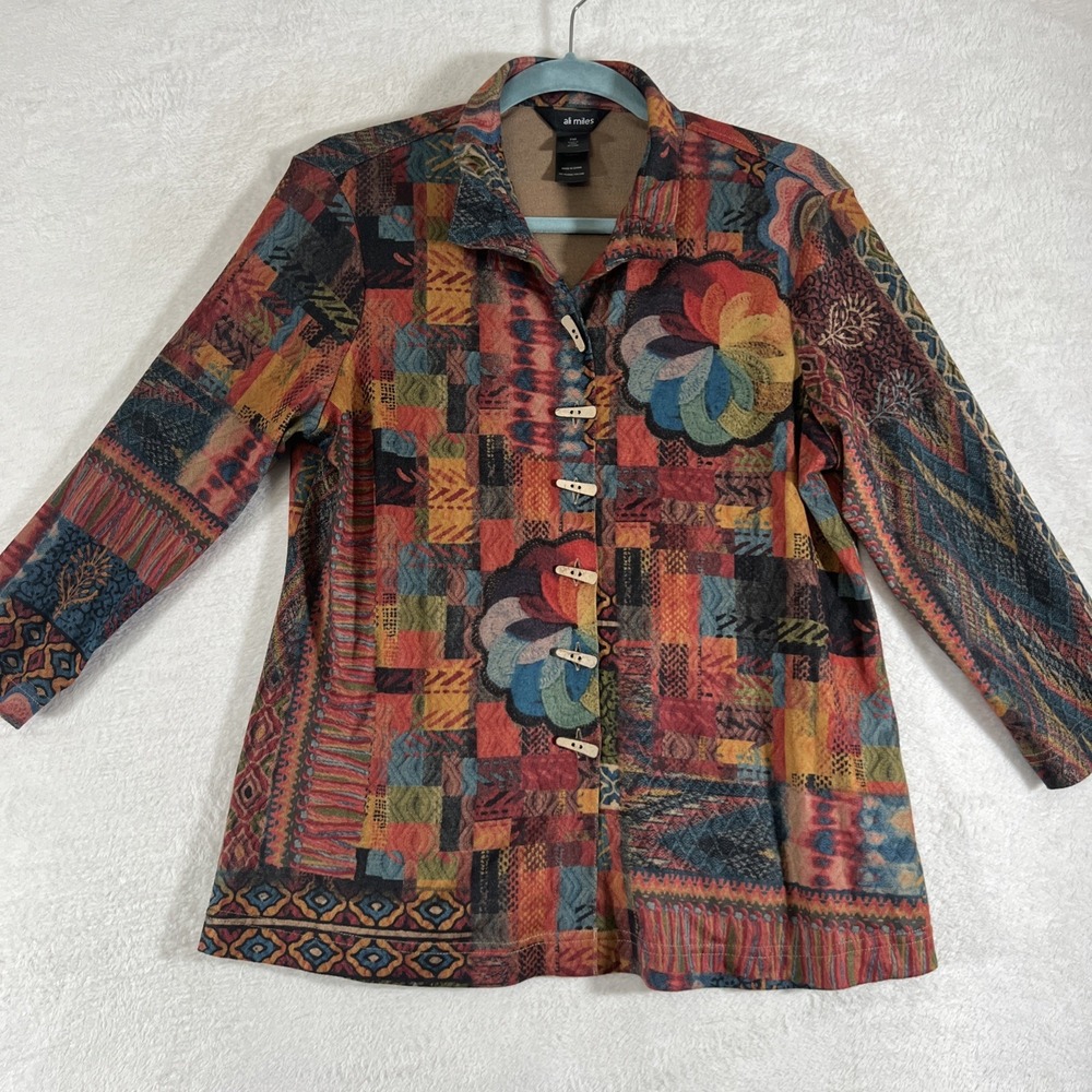 Ali Miles Patchwork Art To Wear Multicolor Faux Wood Button Front Boho Blouse PM